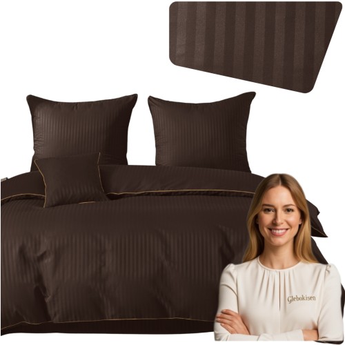 Pościel Z Lamówką 160x200 2x70x80 Brązowa Adamaszkowa Pasy 1Cm