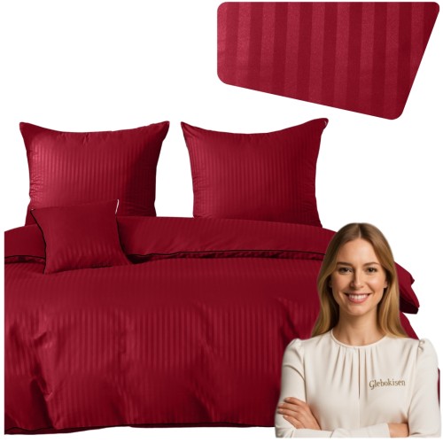 Pościel Z Lamówką 160x200 2x70x80 Czerwona Adamaszkowa Pasy 1Cm