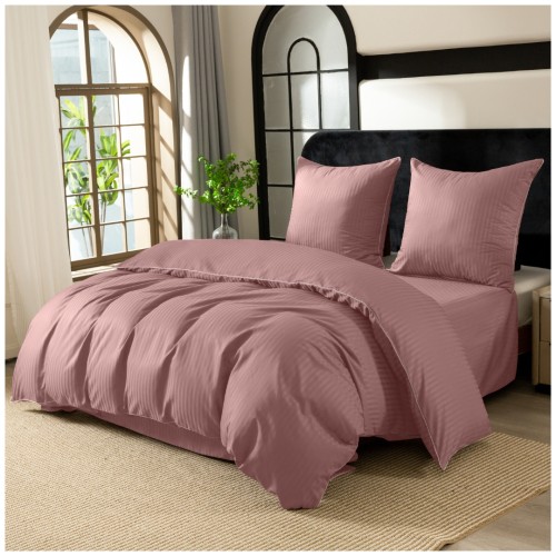 Pościel Z Lamówką 160x200 2x70x80 Pudrowy Róż Adamaszkowa Pasy 1Cm