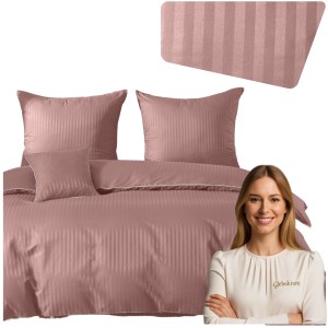 Pościel Z Lamówką 160x200 2x70x80 Pudrowy Róż Adamaszkowa Pasy 1Cm