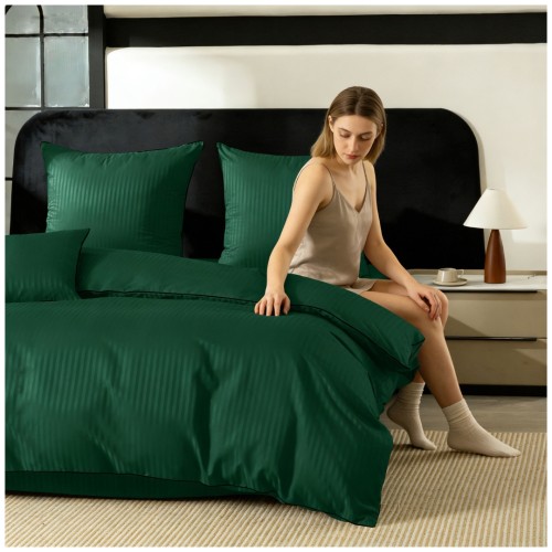 Pościel Z Lamówką 160x200 2x70x80 Butelkowa Zieleń Adamaszkowa Pasy 1Cm