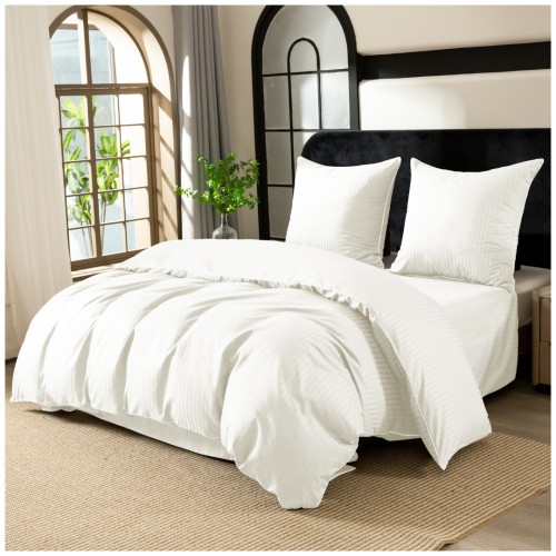 Pościel Z Lamówką 160x200 2x70x80 Biała Adamaszkowa Pasy 1Cm