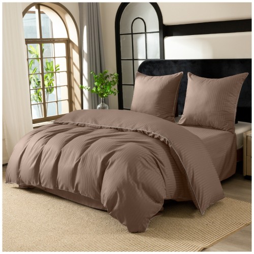 Pościel Z Lamówką 160x200 2x70x80 Beżowa Adamaszkowa Pasy 1Cm