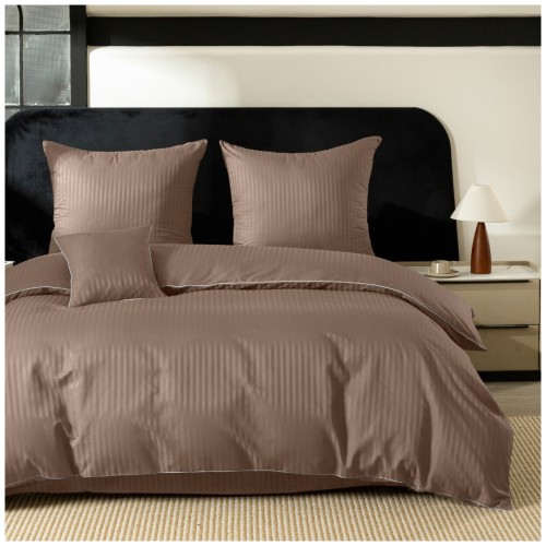 Pościel Z Lamówką 160x200 2x70x80 Beżowa Adamaszkowa Pasy 1Cm