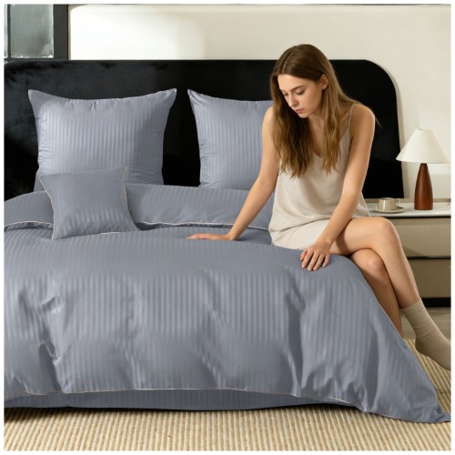 Pościel Z Lamówką 160x200 2x70x80 Silver Blue Adamaszkowa Pasy 1Cm