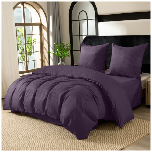 Pościel Z Lamówką 160x200 2x70x80 Fioletowa Adamaszkowa Pasy 1Cm