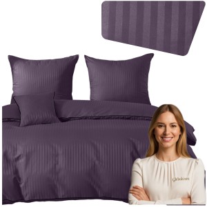 Pościel Z Lamówką 160x200 2x70x80 Fioletowa Adamaszkowa Pasy 1Cm