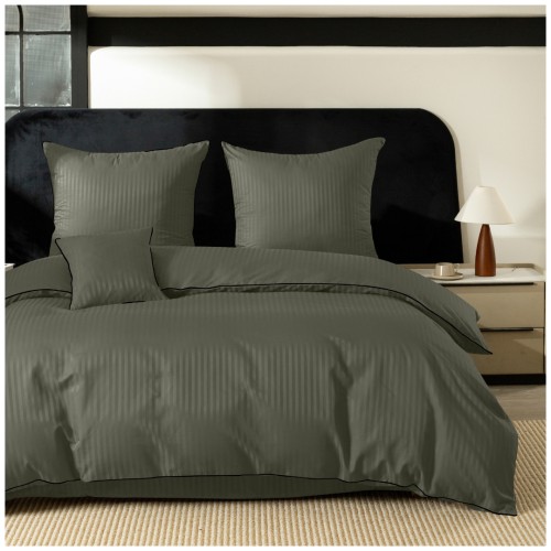 Pościel Z Lamówką 160x200 2x70x80 Oliwkowy Adamaszkowa Pasy 1Cm