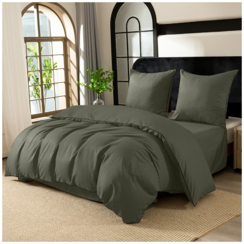 Pościel Z Lamówką 160x200 2x70x80 Oliwkowy Adamaszkowa Pasy 1Cm