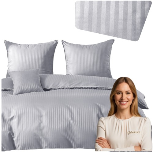 Pościel Z Lamówką 140x200 1x70x80 Silver Adamaszkowa Pasy 1Cm