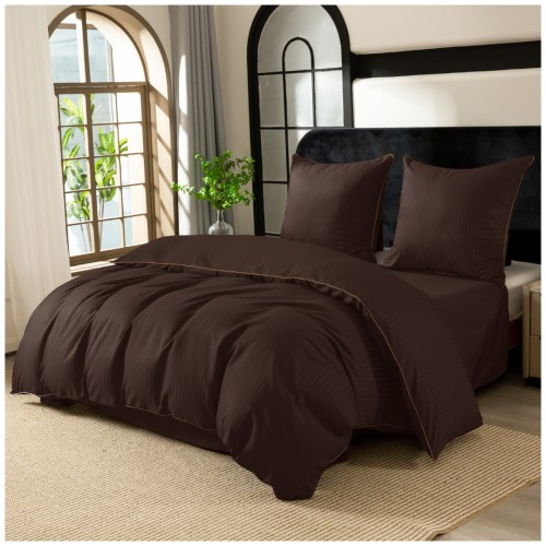 Pościel Z Lamówką 140x200 1x70x80 Brązowa Adamaszkowa Pasy 1Cm