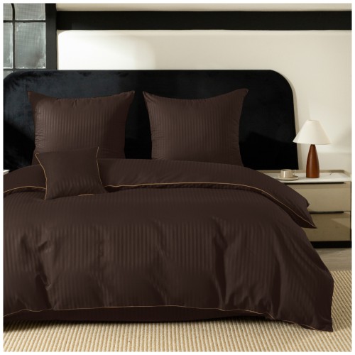 Pościel Z Lamówką 140x200 1x70x80 Brązowa Adamaszkowa Pasy 1Cm