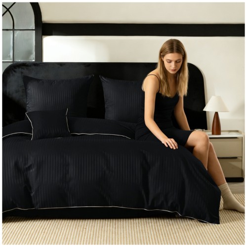 Pościel Z Lamówką 140x200 1x70x80 Czarna Adamaszkowa Pasy 1Cm