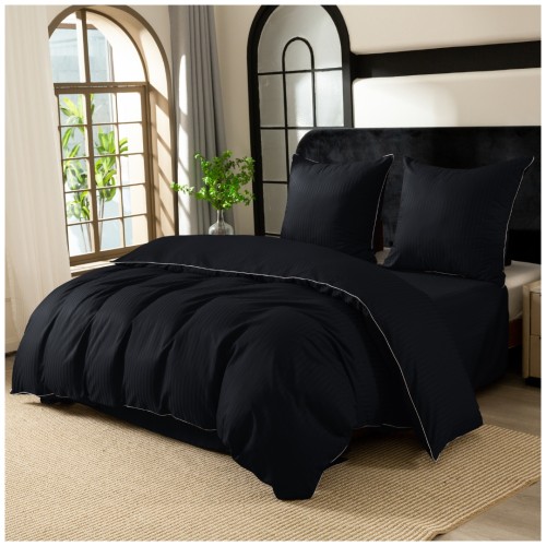 Pościel Z Lamówką 140x200 1x70x80 Czarna Adamaszkowa Pasy 1Cm