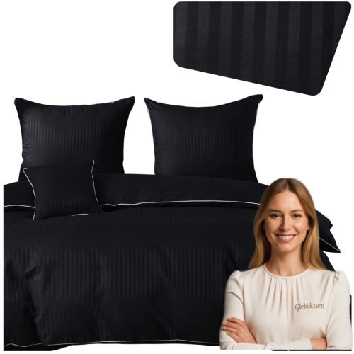 Pościel Z Lamówką 140x200 1x70x80 Czarna Adamaszkowa Pasy 1Cm