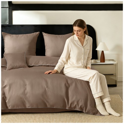 Pościel Z Lamówką 140x200 1x70x80 Beżowa Adamaszkowa Pasy 1Cm