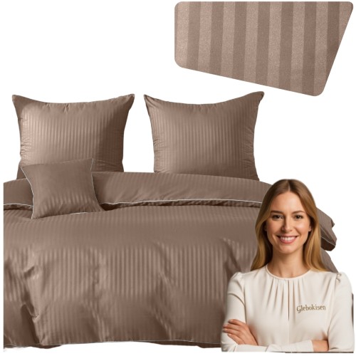 Pościel Z Lamówką 140x200 1x70x80 Beżowa Adamaszkowa Pasy 1Cm