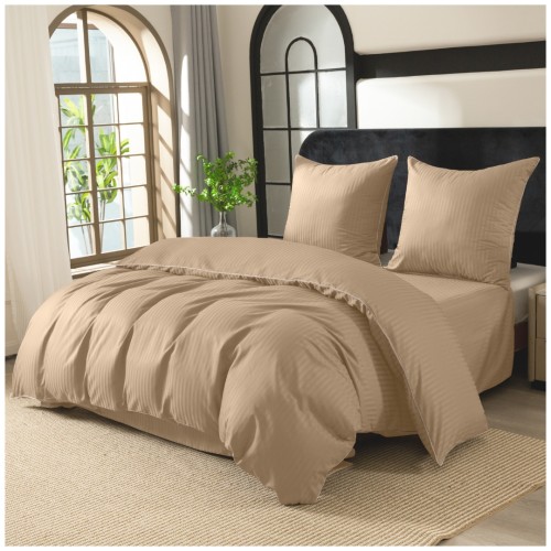 Pościel Z Lamówką 140x200 1x70x80 Cappuccino Adamaszkowa Pasy 1Cm