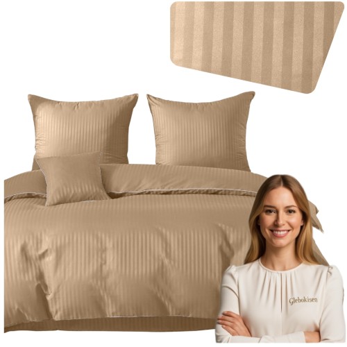 Pościel Z Lamówką 140x200 1x70x80 Cappuccino Adamaszkowa Pasy 1Cm