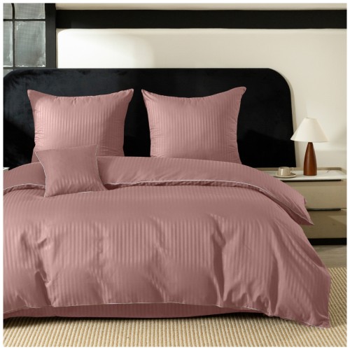 Pościel Z Lamówką 140x200 1x70x80 Pudrowy Róż Adamaszkowa Pasy 1Cm