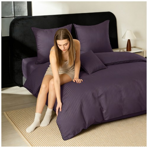 Pościel Z Lamówką 140x200 1x70x80 Fioletowa Adamaszkowa Pasy 1Cm