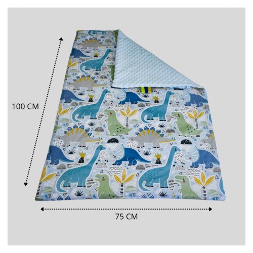 Kocyk Dziecięcy 75x100 Ocieplany Dinozaury Niebieskie/Niebieski Bawełna/Minky