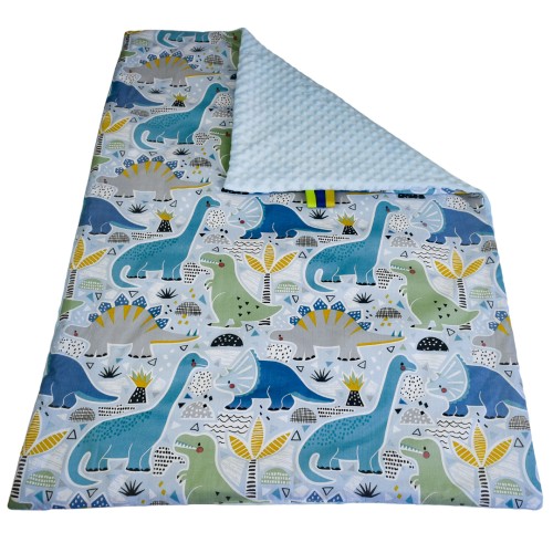 Kocyk Dziecięcy 75x100 Ocieplany Dinozaury Niebieskie/Niebieski Bawełna/Minky