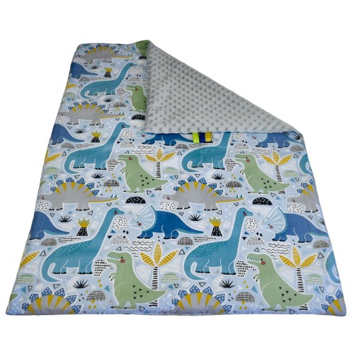 Kocyk Dziecięcy 75x100 Ocieplany Dinozaury Niebieskie/Szary Bawełna/Minky