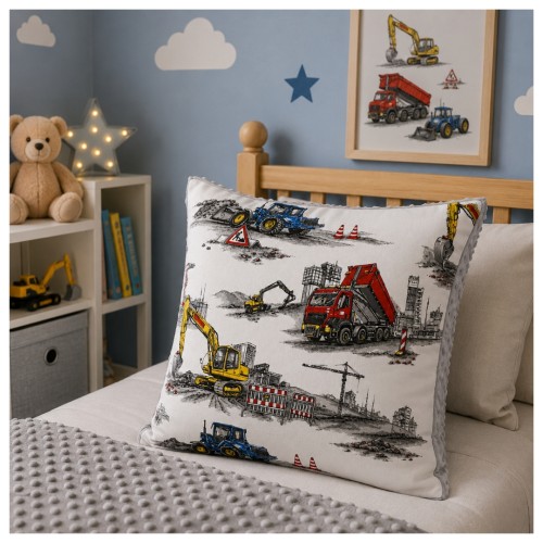 Poszewka Dziecięca 45x45 Maszyny Budowlane Szary Bawełna Minky
