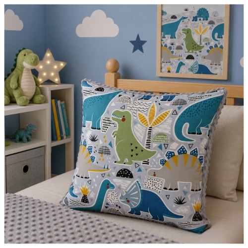 Poszewka Dziecięca 45x45 Dinozaury Niebieskie Szary Bawełna Minky