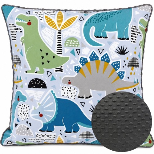 Poszewka Dziecięca 45x45 Dinozaury Niebieskie Grafit Bawełna Minky