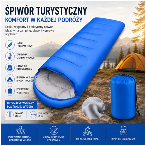 Spiwór Turystyczny Mumia 210x75 Niebieski Kaptur Ciepły Lekki 950g