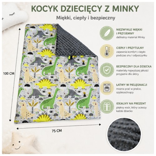 Kocyk Dziecięcy 75x100 Ocieplany Dinozaury Zielone/Grafit Bawełna/Minky