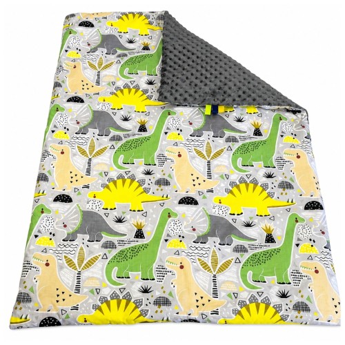 Kocyk Dziecięcy 75x100 Ocieplany Dinozaury Zielone/Grafit Bawełna/Minky