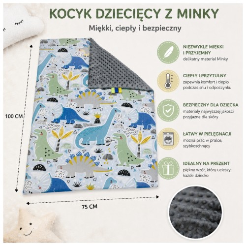 Kocyk Dziecięcy 75x100 Ocieplany Dinozaury Niebieskie/Grafit Bawełna/Minky