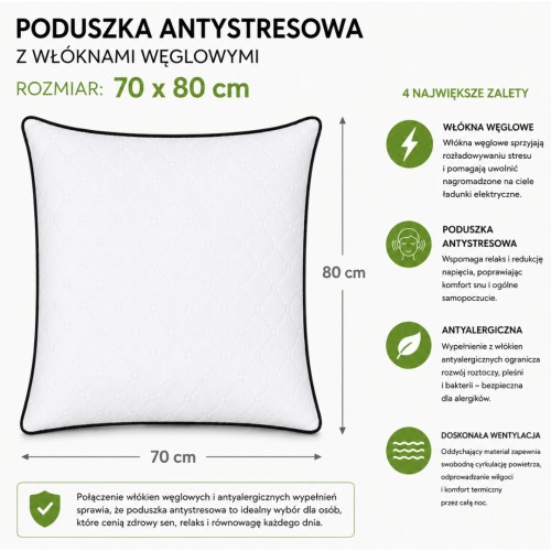 Poduszka Antystresowa 70x80 cm z Włóknem Węglowym Antyalergiczna Pikowana Z Zamkiem