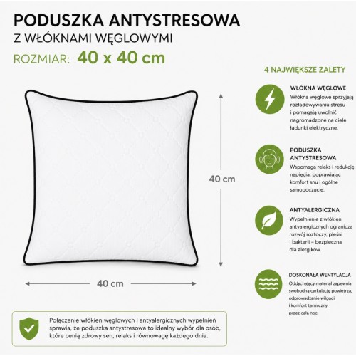 Poduszka JAŚ Antystresowa 40x40 cm z Włóknem Węglowym Antyalergiczna Pikowana Z Zamkiem