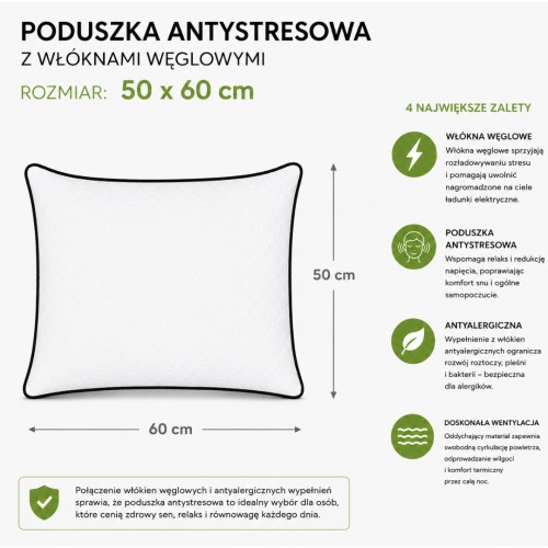 Poduszka Antystresowa 50x60 cm z Włóknem Węglowym Antyalergiczna Pikowana Z Zamkiem