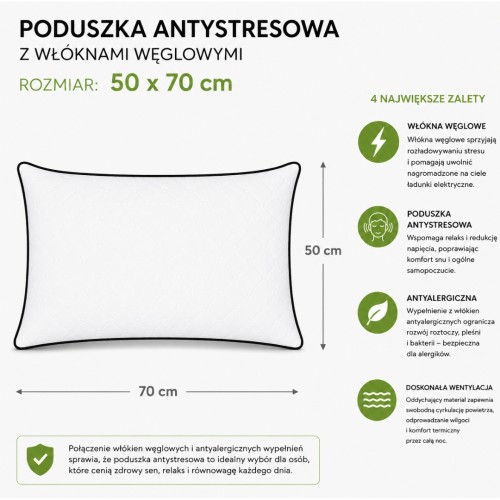 Poduszka Antystresowa 50x70 cm z Włóknem Węglowym Antyalergiczna Pikowana Z Zamkiem