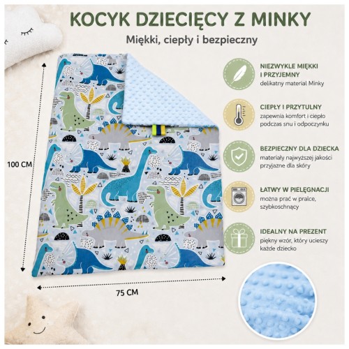 Kocyk Dziecięcy 75x100 Ocieplany Dinozaury Niebieskie/Niebieski Bawełna/Minky