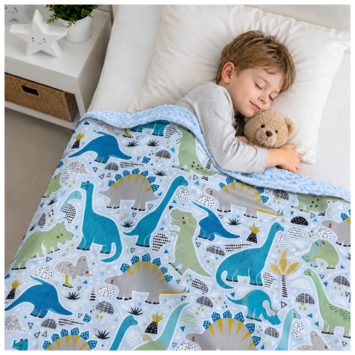 Kocyk Dziecięcy 75x100 Ocieplany Dinozaury Niebieskie/Niebieski Bawełna/Minky