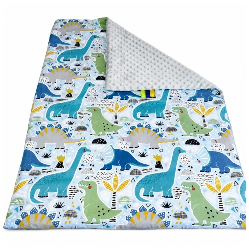 Kocyk Dziecięcy 75x100 Ocieplany Dinozaury Niebieskie/Szary Bawełna/Minky