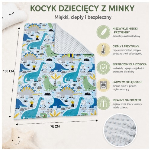 Kocyk Dziecięcy 75x100 Ocieplany Dinozaury Niebieskie/Szary Bawełna/Minky