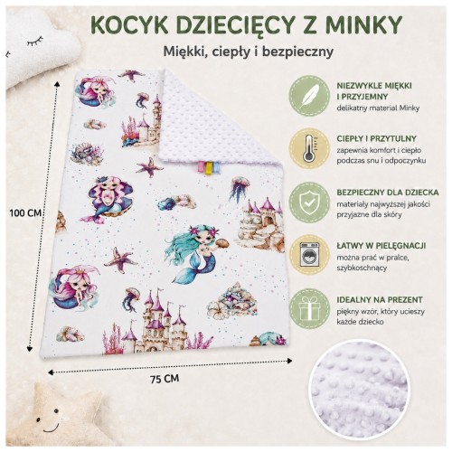 Kocyk Dziecięcy 75x100 Ocieplany Syrenki/Biel Bawełna/Minky