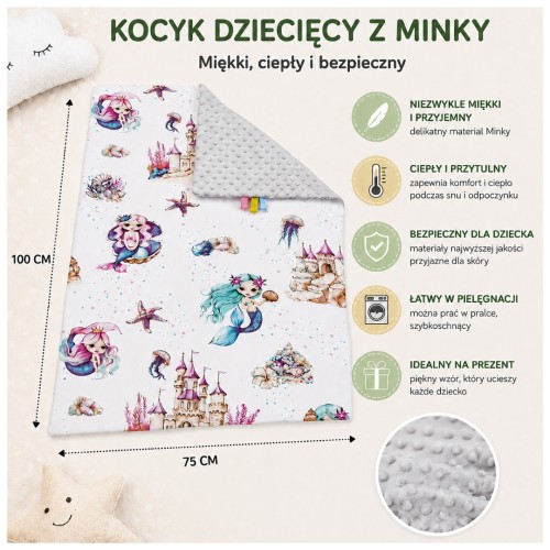 Kocyk Dziecięcy 75x100 Ocieplany Syrenki/Szary Bawełna/Minky