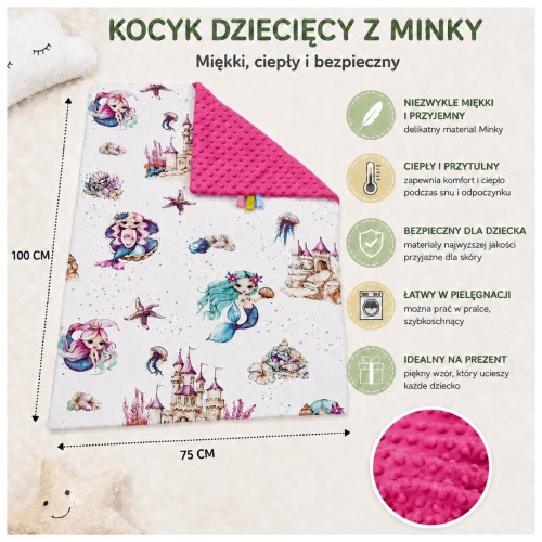 Kocyk Dziecięcy 75x100 Ocieplany Syrenki/Malina Bawełna/Minky