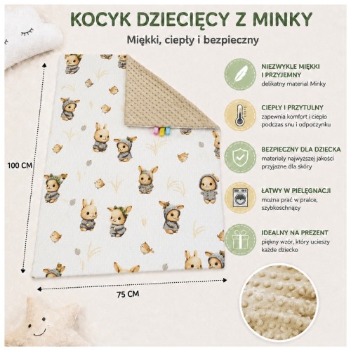Kocyk Dziecięcy 75x100 Ocieplany Króliczki Beż/Beż Bawełna/Minky