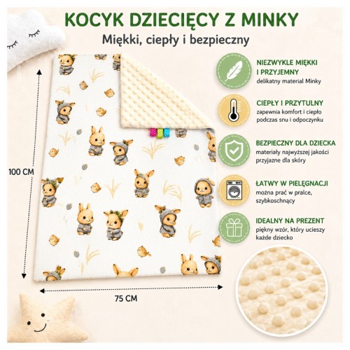 Kocyk Dziecięcy 75x100 Ocieplany Króliczki Beż/Krem Bawełna/Minky