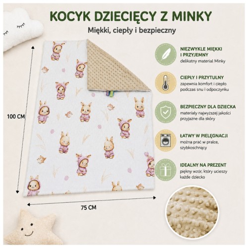 Kocyk Dziecięcy 75x100 Ocieplany Króliczki Róż/Beż Bawełna/Minky
