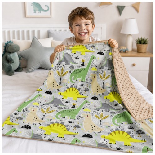 Kocyk Dziecięcy 75x100 Ocieplany Dinozaury Zielone/Beż Bawełna/Minky